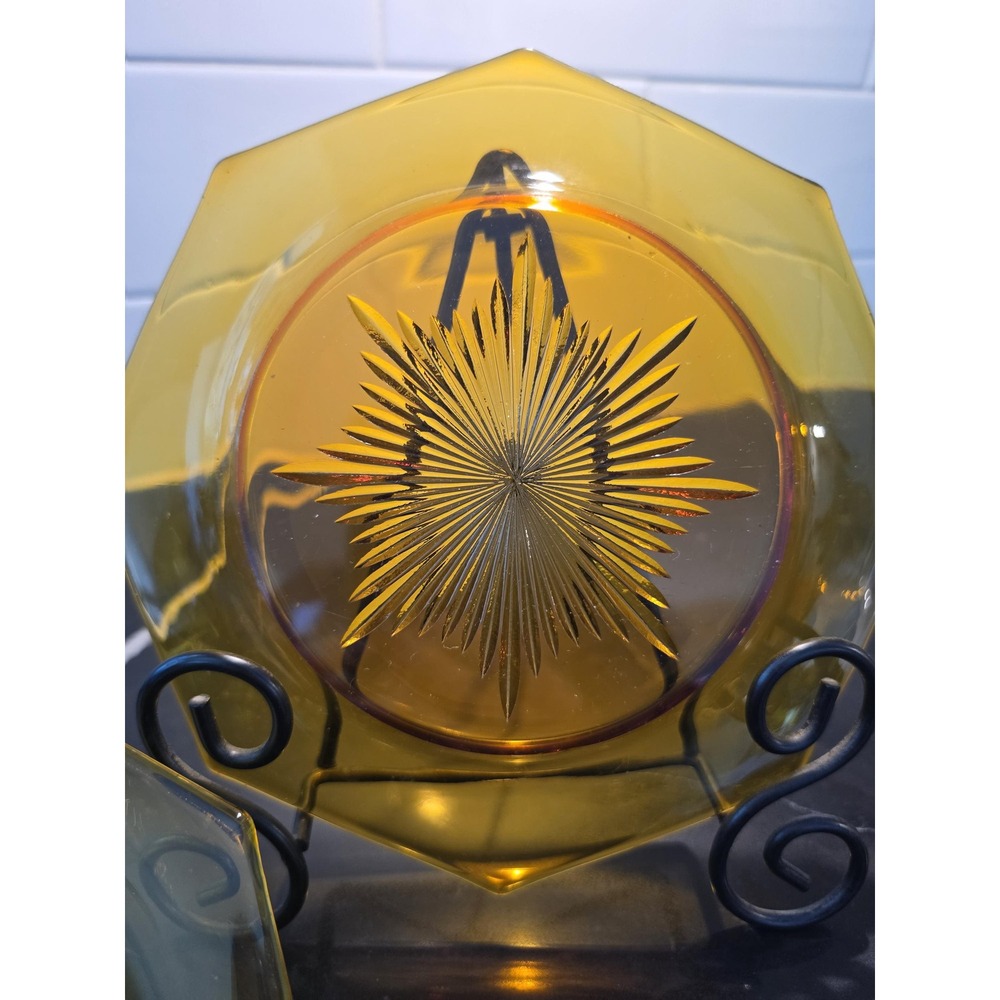 Vintage Amber Starburst Depression Glass Plates Set of 2 Octagonal Dessert Retro